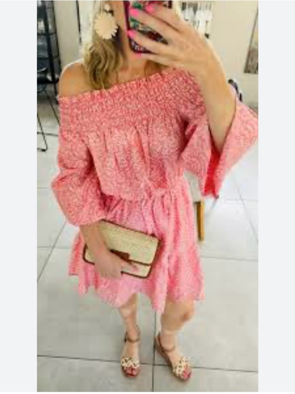 H&M Pink Off-Shoulder Pink & White Balloon Sleeve Dress